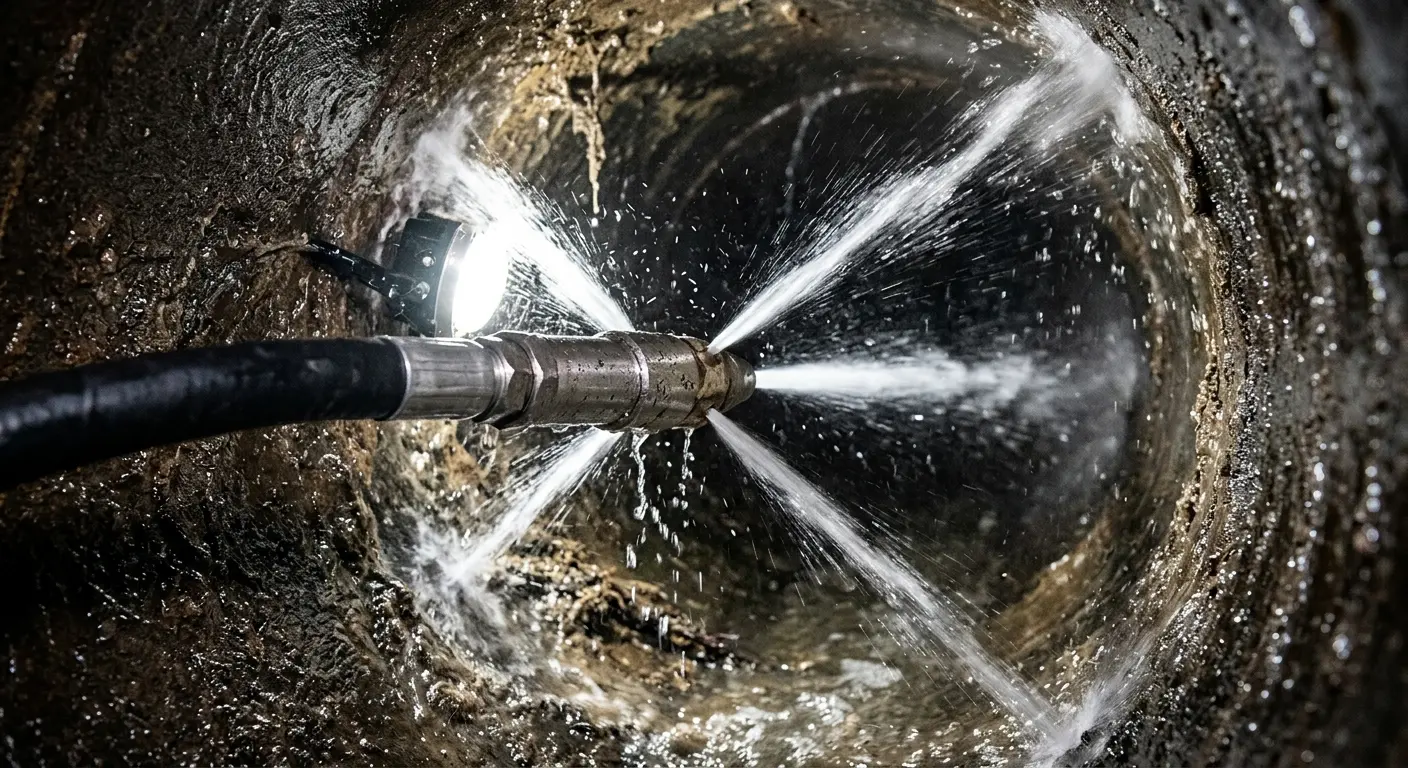 High-pressure hydro jetting nozzle cleaning sewer pipe for Trenchless Sewer Repair in Guthrie