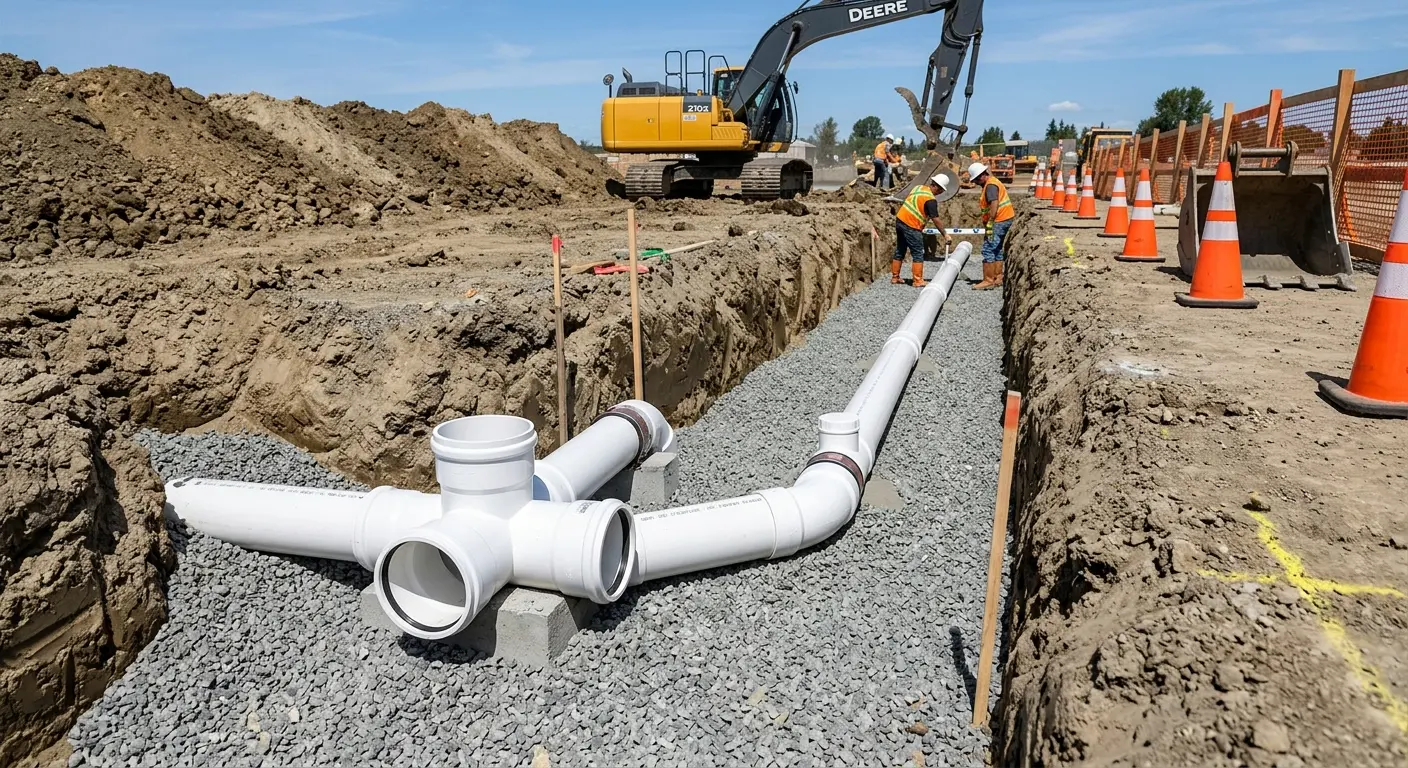 New PVC sewer pipe installation in open trench for Sewer Camera Inspection in Guthrie
