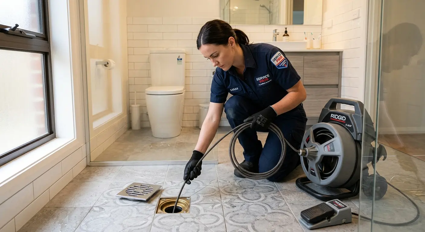 Technician clearing a bathroom floor drain for Drain Cleaning in Guthrie
